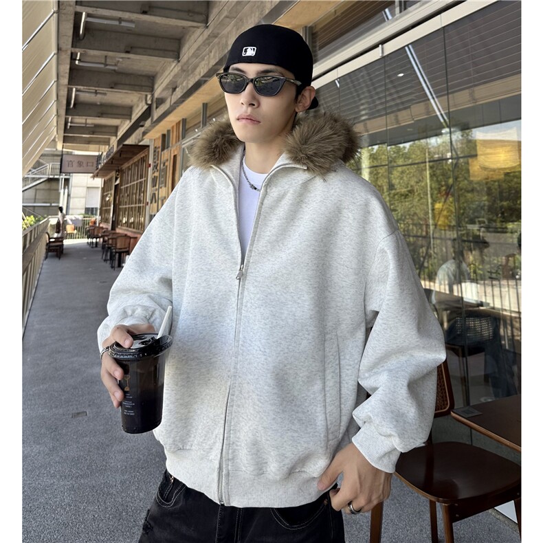大毛领连帽拉链开衫卫衣男士秋冬美式复古外套重磅430克,女装短外套,电商C307
