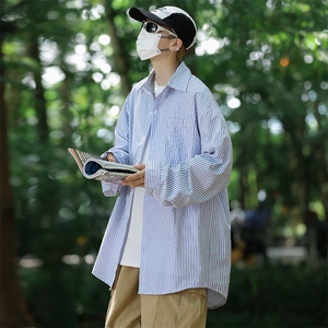 盐系衬衫雾霾蓝轻熟风男装搭配春秋穿搭ins超火服条纹衬衣-C3005图片