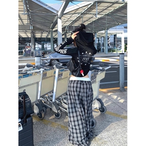 美式拼色格子双腰头垂感休闲裤男女慵懒休闲百搭拖地长裤图片