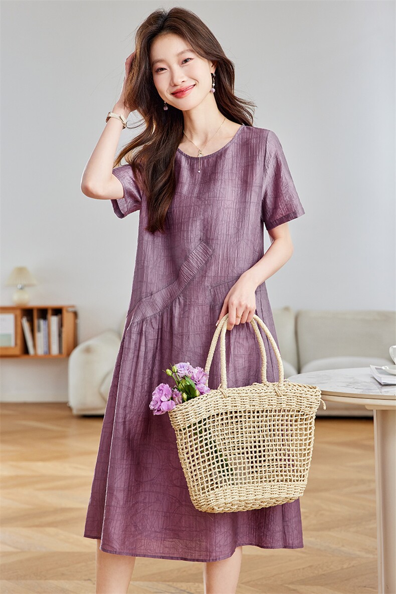 妍蝶女士连衣裙2026夏季新款时尚简约休闲宽松显瘦短袖中长款裙子,女装连衣裙,简韵佳