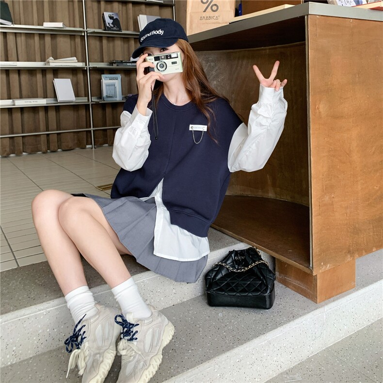 学院风假两件卫衣女2025秋季新款韩版减龄设计感小众宽松长袖上衣,女装卫衣/绒衫,2C012