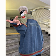 美式复古今年流行牛仔外套男女美秋季新款拼接百搭独特棒球服，男装工装外套，星座813-2