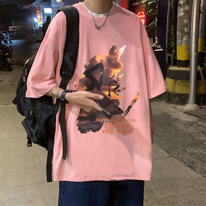 B239-D357-P28 美式 夏季短袖男 落日印花t恤 高街落肩袖体恤上衣图片