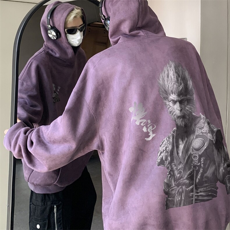 2024美式复古宽松连帽麂皮绒卫衣悟空，男装卫衣，星座301B