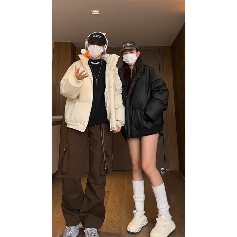 现货冬季三防重磅硬挺boxy短款羽绒刺绣立领PU皮棉衣外套加厚棉服,男装棉衣,电商A486