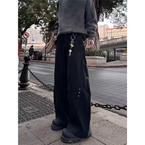 行星世界 高级设计感弯刀西裤拼接铆钉休闲裤男女垂坠感拖地裤子图片