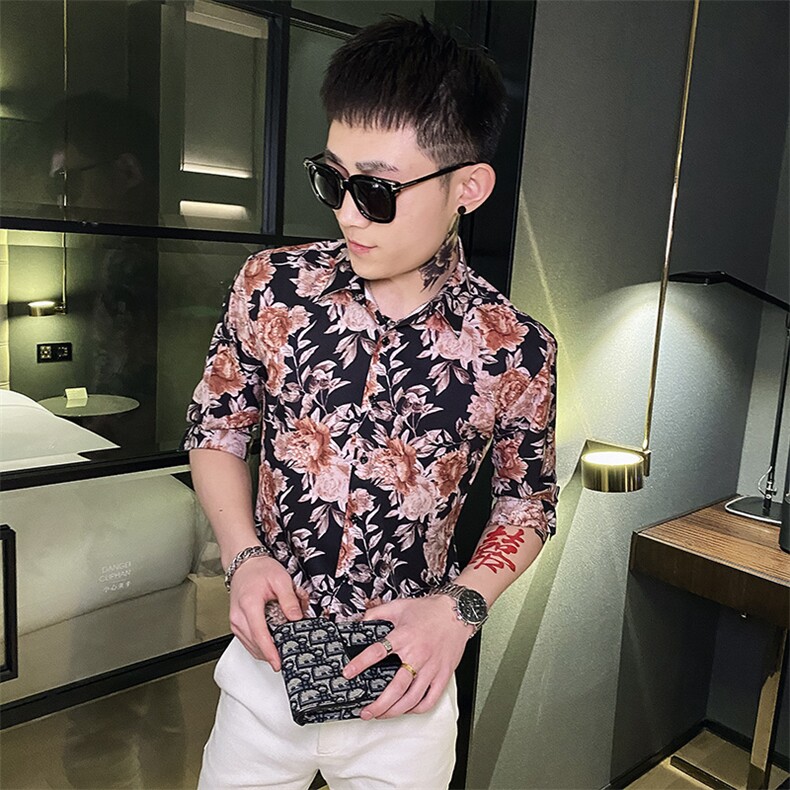 312A-109-P55新款社会小伙中袖衬衫韩版潮流男士五分袖衬衣A,男装T恤,星座312A-5
