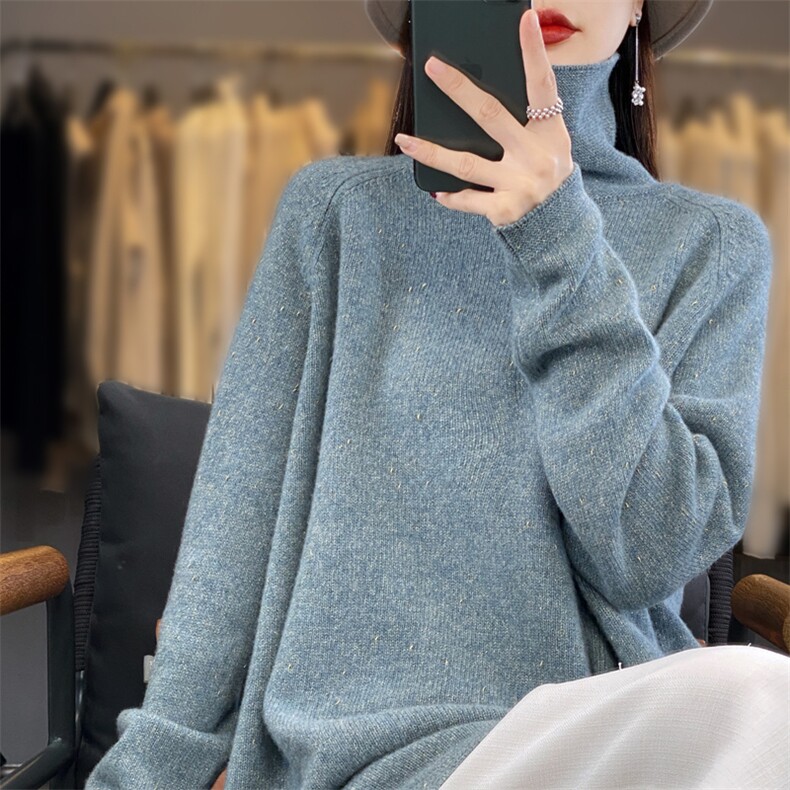 高领100%纯羊毛衫女中长款亮丝针织毛衣秋冬宽松慵懒风打底羊绒衫,女装羊毛衫,迅太羊绒