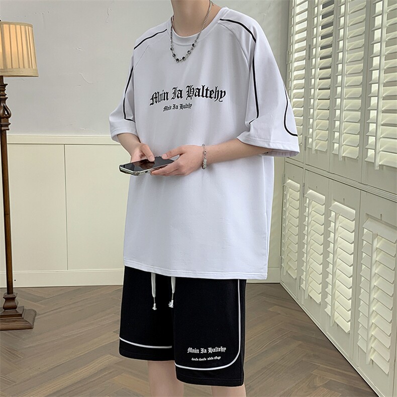 新款夏季短袖t恤套装冰丝透气港风宽松运动青少年男装潮DF328P48，男装休闲套装，电商A086