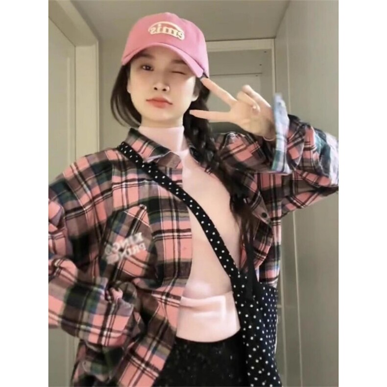 TC685-P45复古粉青色格纹衬衫女2026新款韩版气质ins衬衣,女装衬衫,星座617A-2
