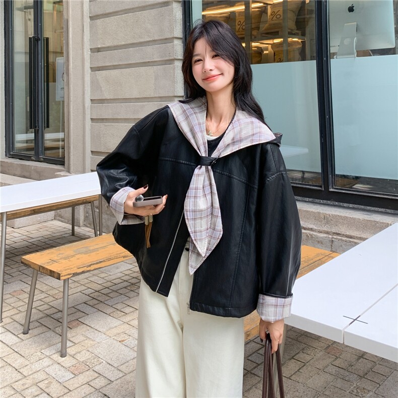 可拆卸格子连帽皮衣外套女2025秋季新款甜酷风宽松小个子短款夹克,女装皮衣,2C236