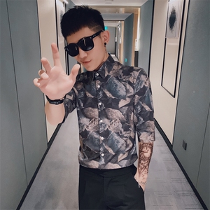 312A-235-P55 新款社会小伙中袖衬衫韩版潮流男士五分袖衬衣B图片