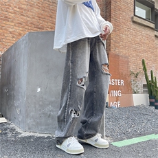 破洞牛仔裤男直筒宽松低腰阔腿裤复古洗水做旧裤子N0541-P50，男装牛仔裤，星座308B-1