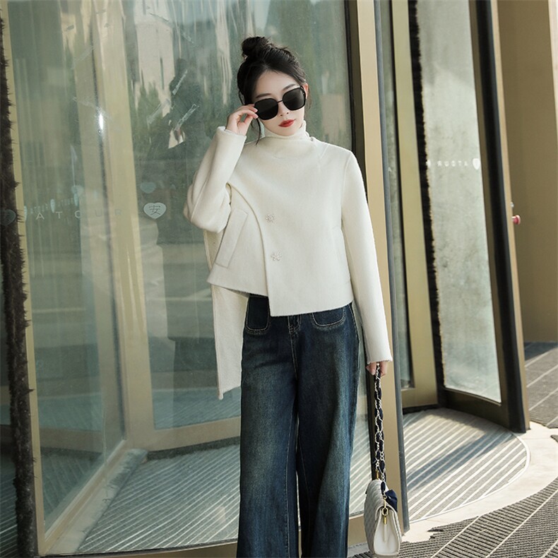 现货新款双面长毛羊毛大围巾两穿配星钻扣轻奢定制款羊毛呢短外套，女装双面呢大衣，丝露怡语