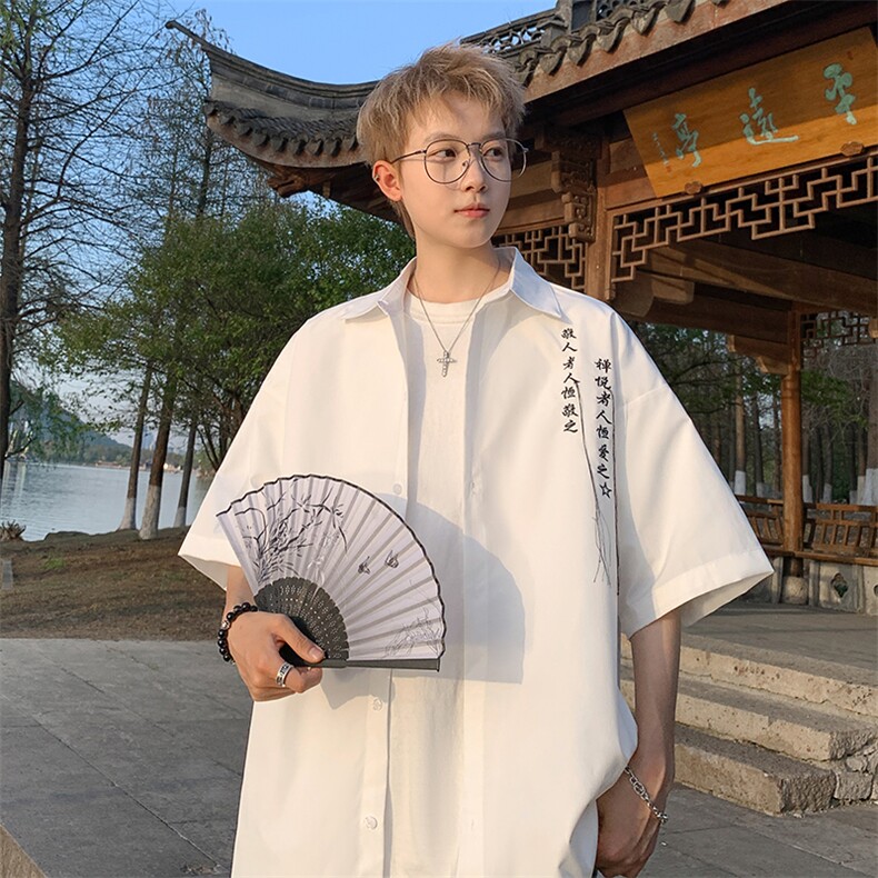 量大优 新中式毛笔书法刺绣流苏短袖衬衫冰丝垂感衬衣C2321-特P35图片