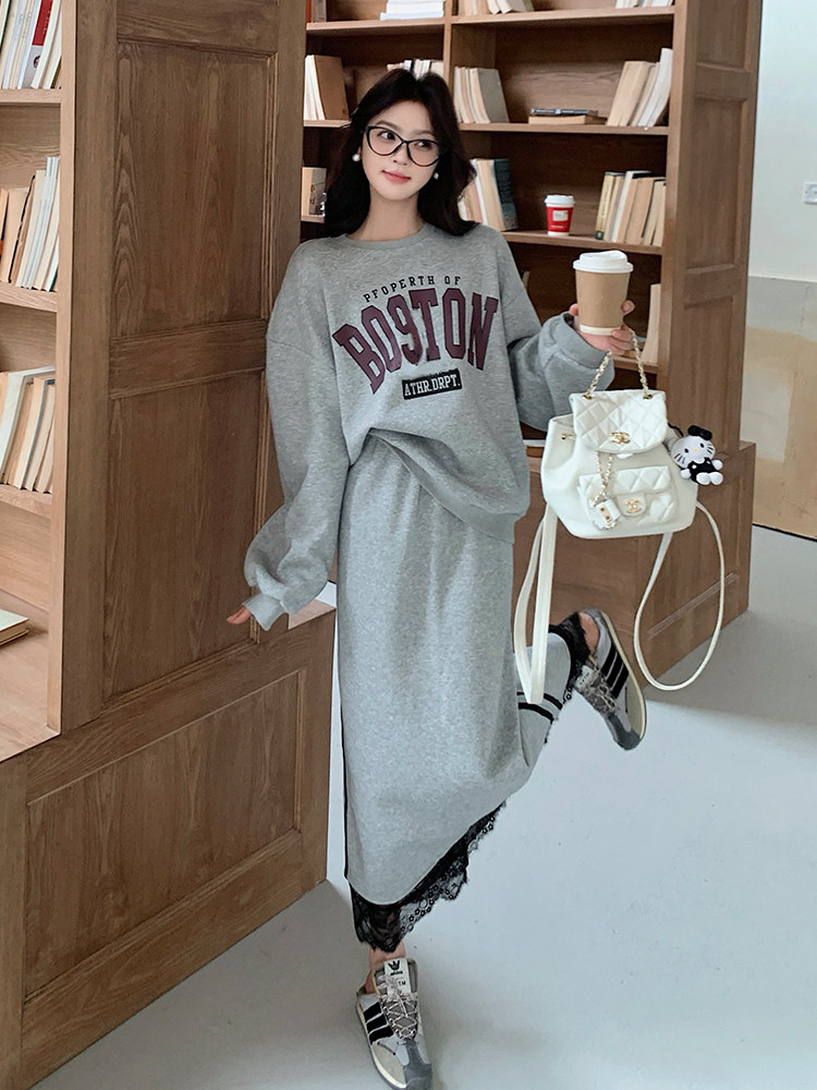 慵懒风灰色卫衣套装裙女2025春季新款设计感蕾丝拼接半身裙两件套,女装套装/套裙,浙宝103（原192）