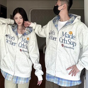 美式复古刺绣开衫连帽卫衣男女秋冬潮流情侣装休闲上衣假两件外套图片
