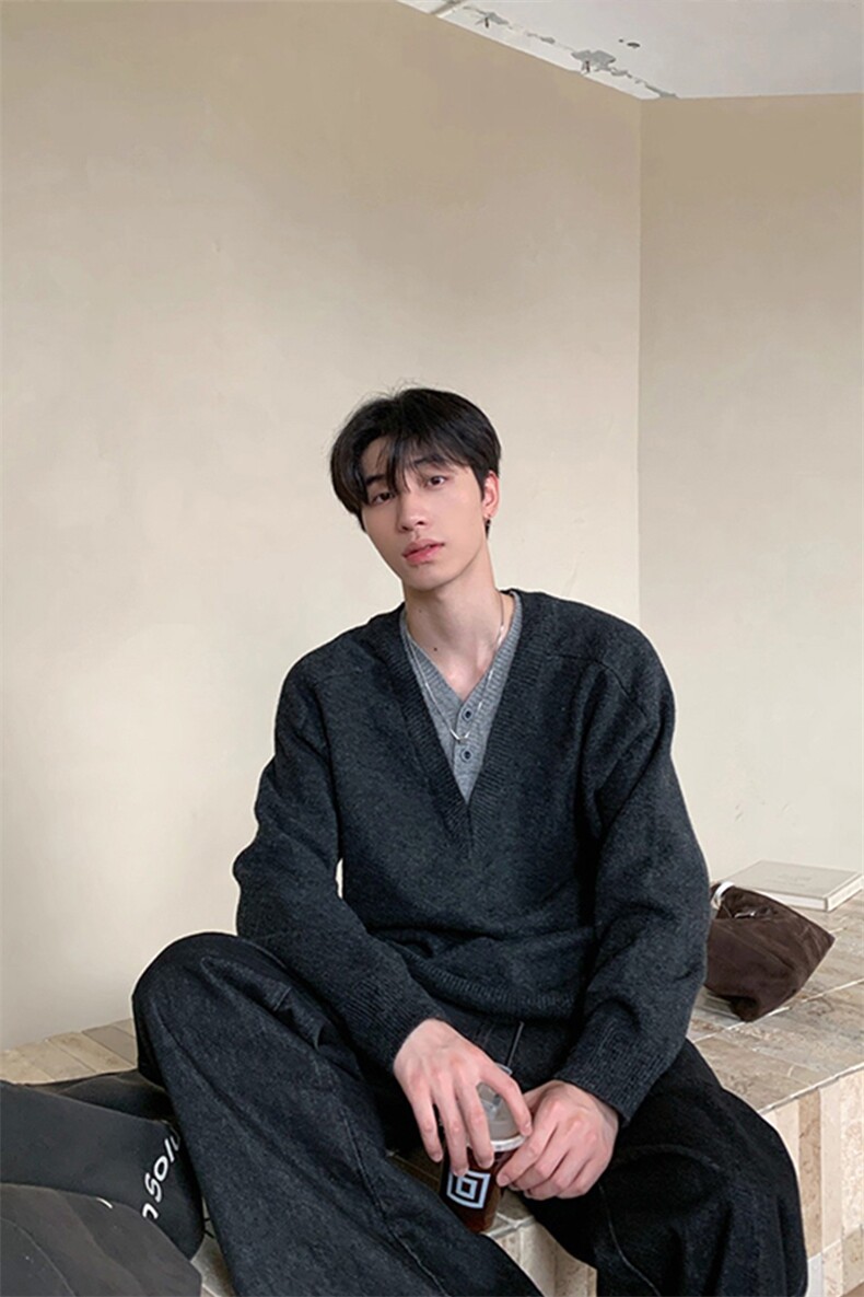网图-假两件v领针织毛衣男xh167-特p50,男装针织衫/毛衣,电商B367