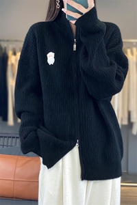 羊毛开衫女半高领双拉链加厚外套毛衣宽松小羊绣花针织上衣图片