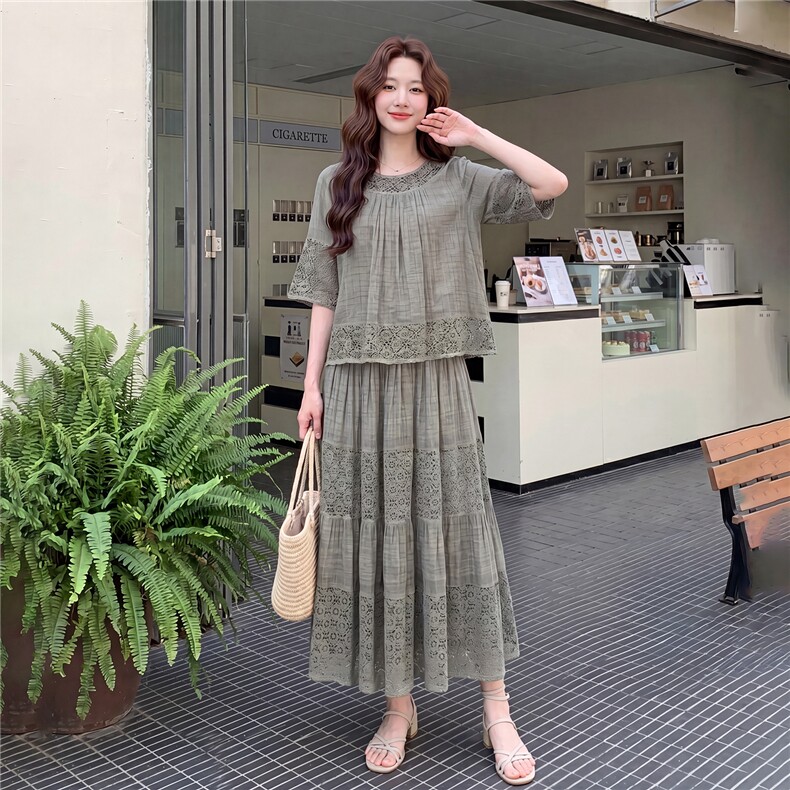 套装女夏季蕾丝拼接优雅温柔女人味加色两件套,女装套装/套裙,曼沙奕珂