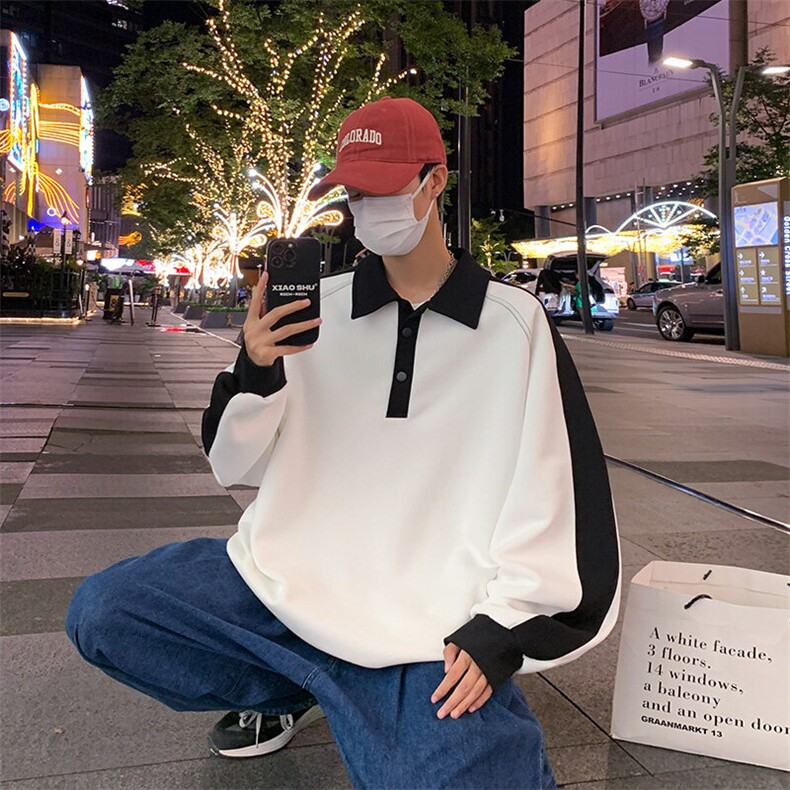 潮流宽松撞色polo领卫衣百搭休闲上衣WY2355,男装卫衣,电商A161