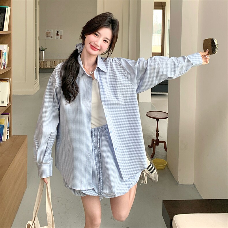 韩系蓝色衬衫花苞半身裙两件套女2025春秋新款小个子减龄休闲套装,女装套装/套裙,2C277