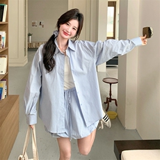 韩系蓝色衬衫花苞半身裙两件套女2025春秋新款小个子减龄休闲套装，女装套装/套裙，2C277