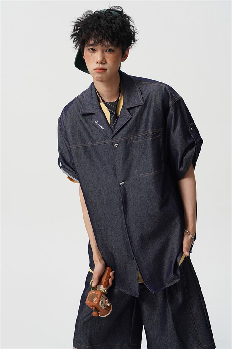 8XL-M夏季简约高级感冰丝牛仔古巴领男休闲痞帅宽松套装潮TZ109,男装休闲套装,电商D206-1