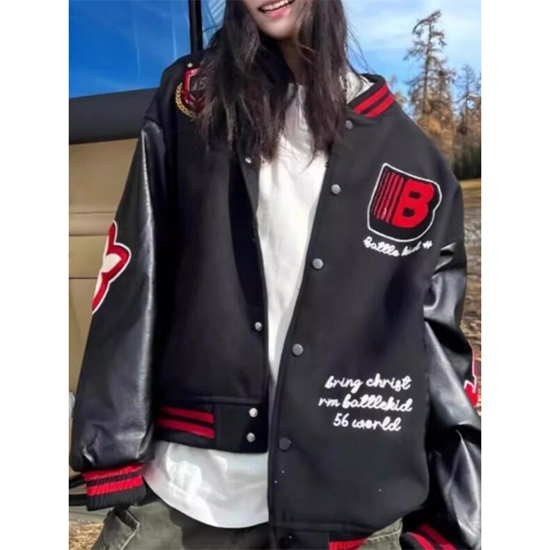 盾徽撞色夹克男女校园风重磅设计感外套秋冬加厚保暖潮流JK8092图片