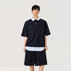 抖音品质夏季新款假两件短袖POLO衫潮牌休闲套装男-A2119TP50控78，男装T恤，电商B241