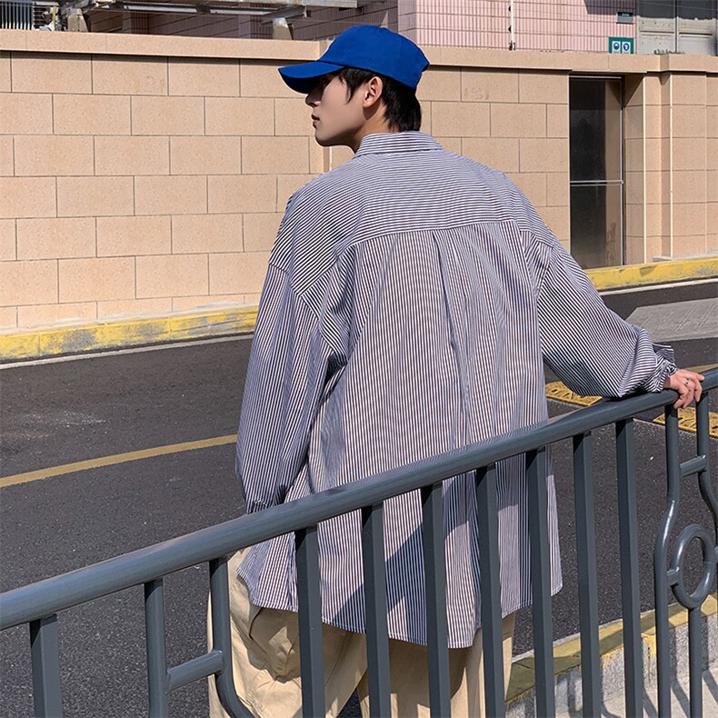 复古竖条纹长袖衬衫男潮牌街头宽松情侣休闲衬衣外套~C383-p35,男装衬衫,星座601-2