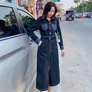 连衣裙方领中腰通勤纯色韩版一步裙2021年春季纽扣,女装连衣裙,秋水欣儿