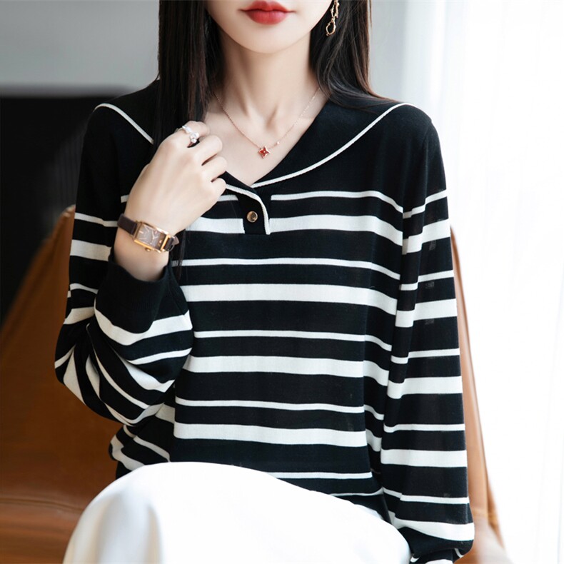 莱赛尔天丝海军领条纹,女装T恤,暖娇绒包芯纱店