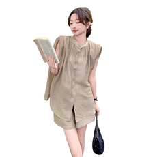 卡其色气质套装女2025夏季新款轻熟风无袖衬衫短裤小个子两件套潮，女装套装/套裙，2C255