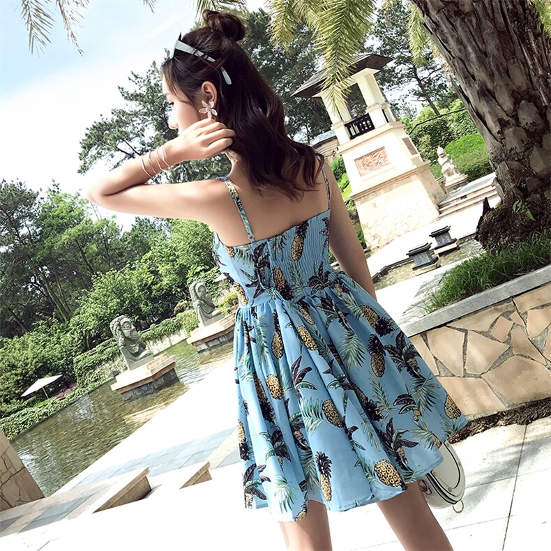 2021年夏季中裙印花套头高腰V领连衣裙吊带显瘦修身,女装连衣裙,诗贝淇