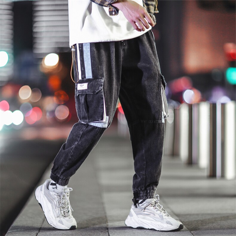G905P30夜景日系束脚工装裤男宽松秋季潮牌大口袋哈伦裤休闲裤,男装牛仔裤,电商A026-1
