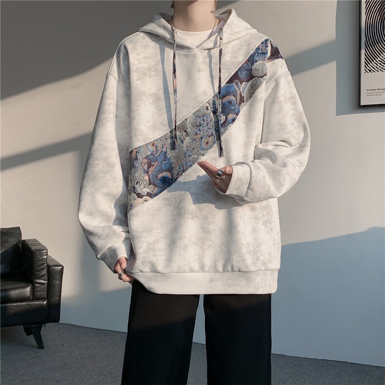 WY10200-特批40春季新款连帽设计感拼接撞色宽松大码扎染卫衣男,男装卫衣,电商A059