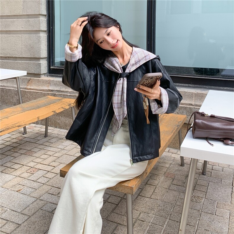 可拆卸格子连帽皮衣外套女2025秋季新款甜酷风宽松小个子短款夹克,女装皮衣,2C236
