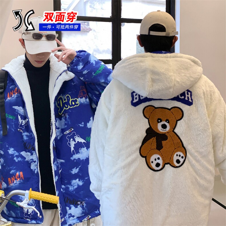 2023情侣两面穿印花棉衣男连帽棉服加绒棉袄外套女3320-P100控148图片