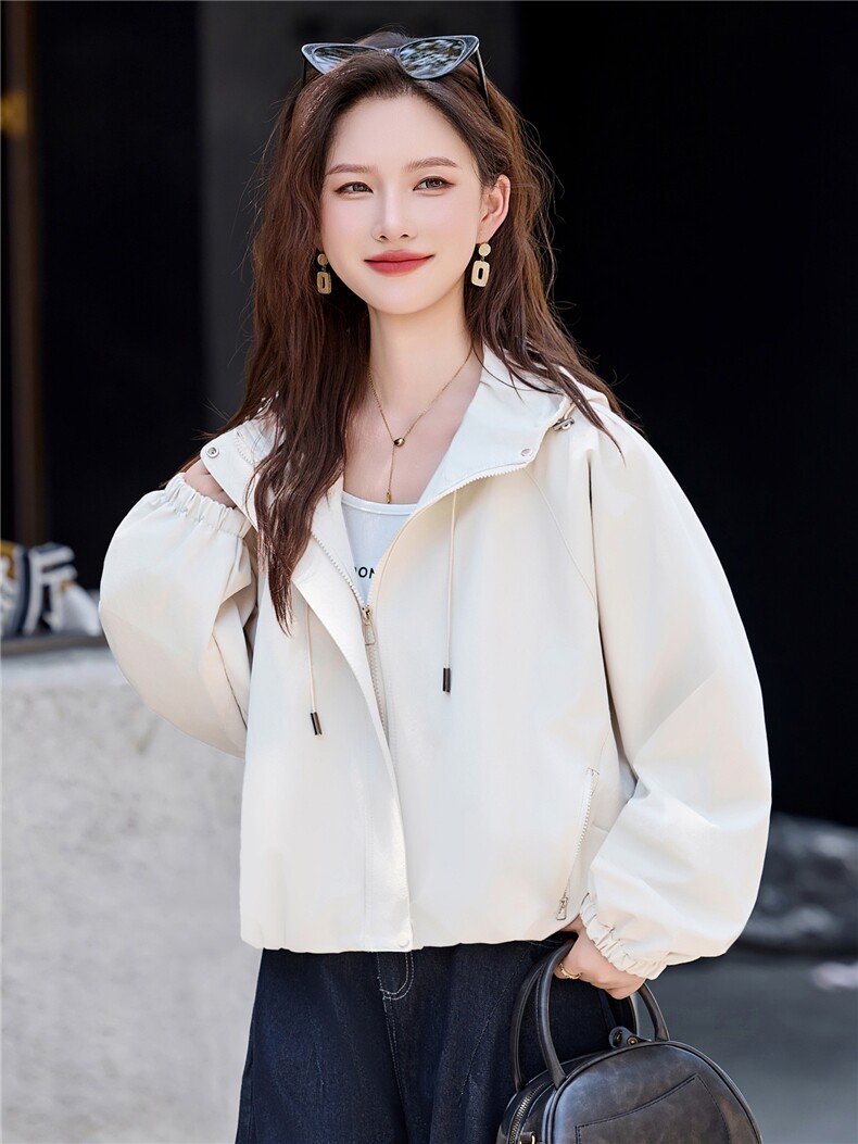 米白色休闲连帽短外套女2025秋季新款宽松显瘦百搭超好看夹克上衣,女装短外套,鑫鑫美