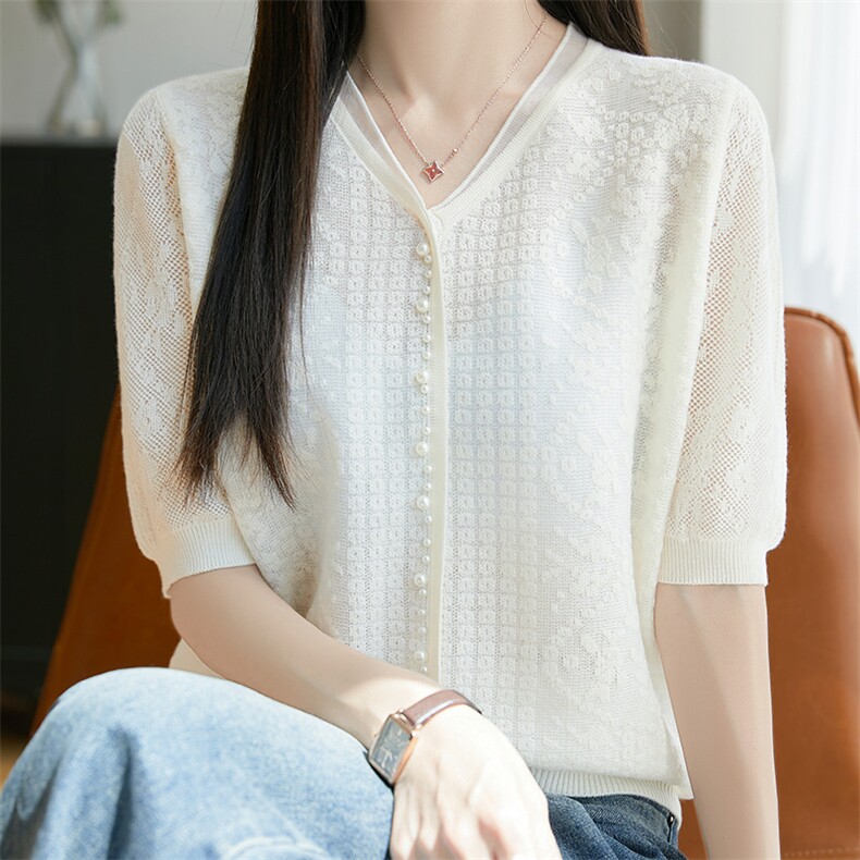 V领精纺羊毛针织五分袖上衣女蕾丝镂空钉珠短袖T恤宽松提花打底衫,针织衫/毛衣,唐诺