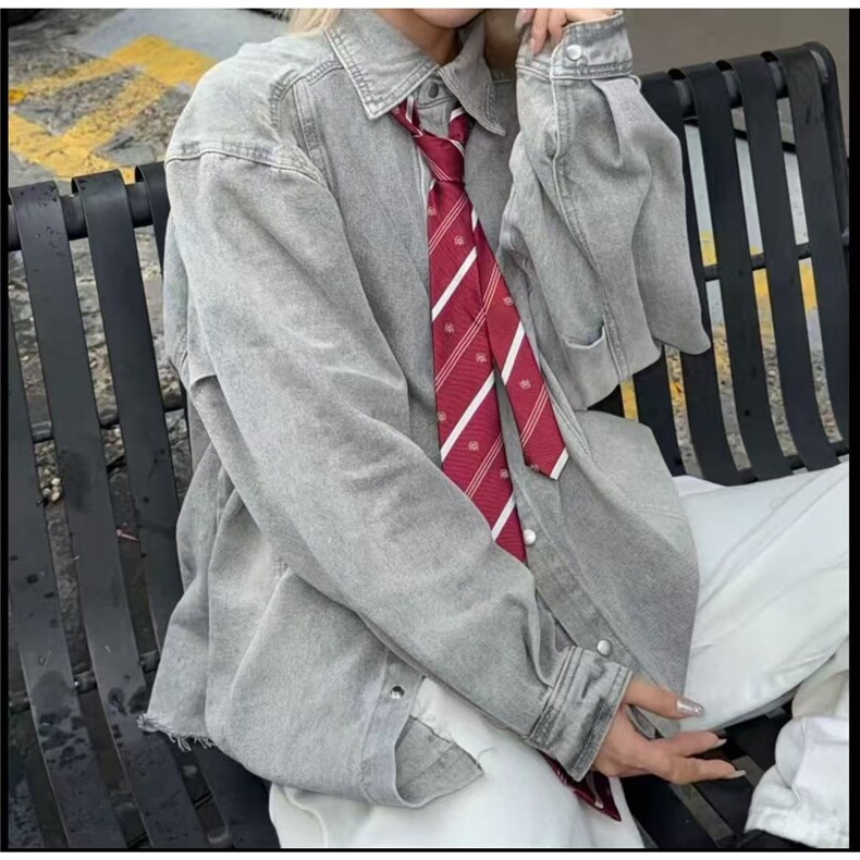 美式复古水洗灰色牛仔衬衫男痞帅毛边初秋外套宽松短款衬衣AJK164,男装衬衫,星座208-5