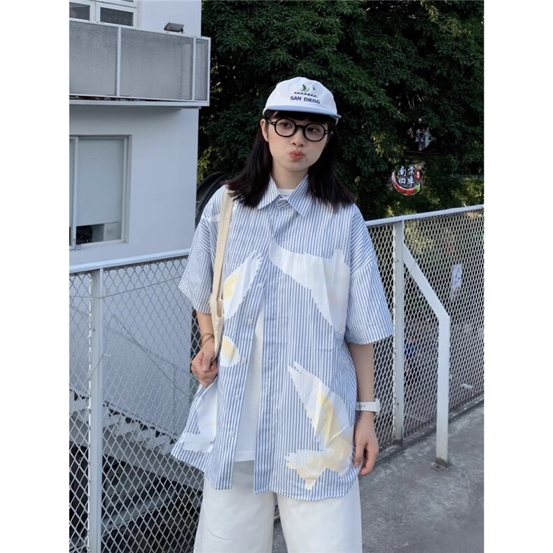 和平鸽印花竖条纹夏季短袖衬衫男女休闲宽松小众设计感衬衣外套潮,男装衬衫,星座506A