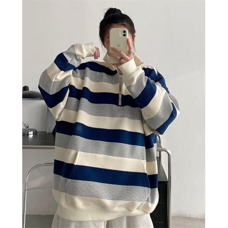 复古半拉链条纹卫衣男女春秋薄款宽松长袖上衣外套W8805,男装卫衣,星座1116A（原606A-3）