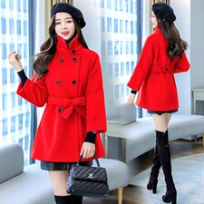 现货2021年冬季双排扣中长款立领九分袖纯色简约时尚减零呢子大衣，女装毛呢外套，丽美静依