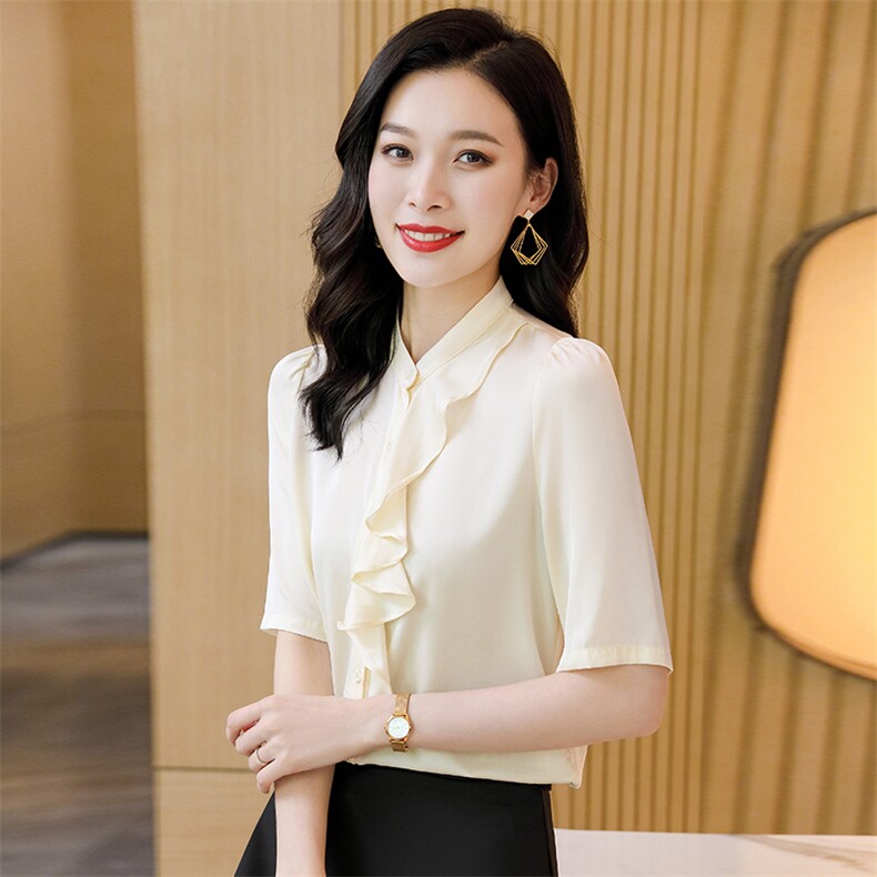 夏装红色真丝衬衫短袖女士荷叶边洋气衬衣气质通勤桑蚕丝上衣小衫,女装衬衫,阿舍尔精品