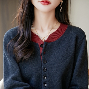 100%纯棉法式撞色假两件针织衫女2025秋冬新款宽松保暖毛衣上衣图片