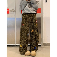 秋季豹纹牛仔裤女复古设计感宽松高腰直筒百搭休闲阔腿裤KN7054，男装牛仔裤，星座1116A（原606A-3）