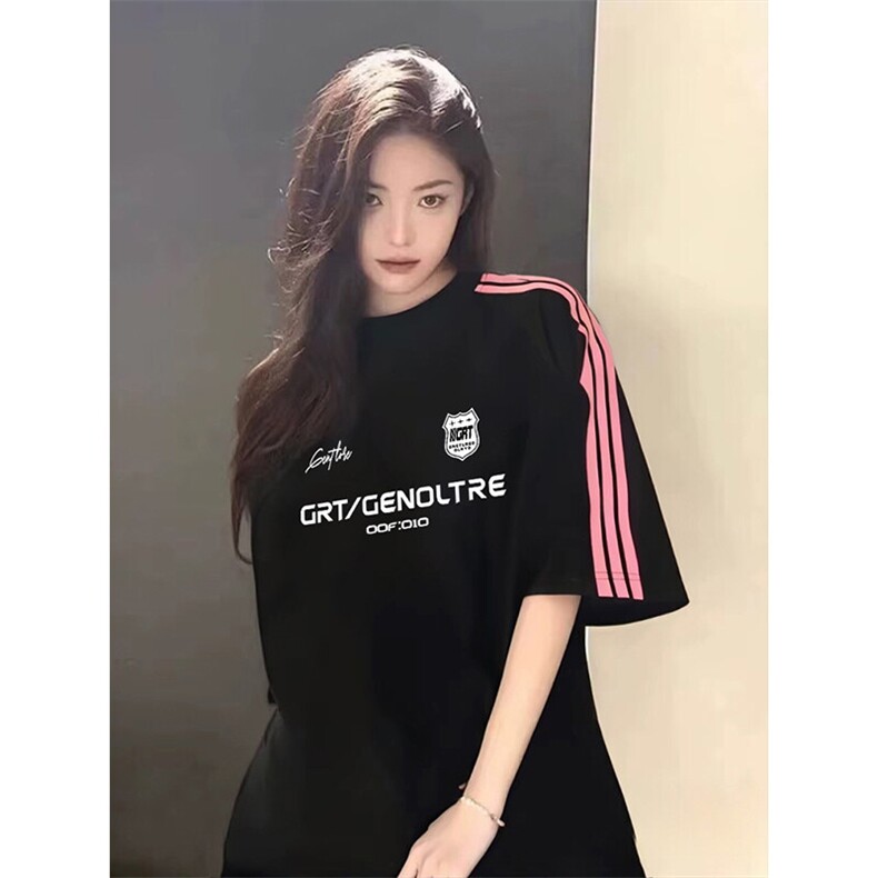 抖音得物品质二开240克宽松纯棉美式潮牌印花三条杠中性风短袖T恤,男装T恤,电商A486