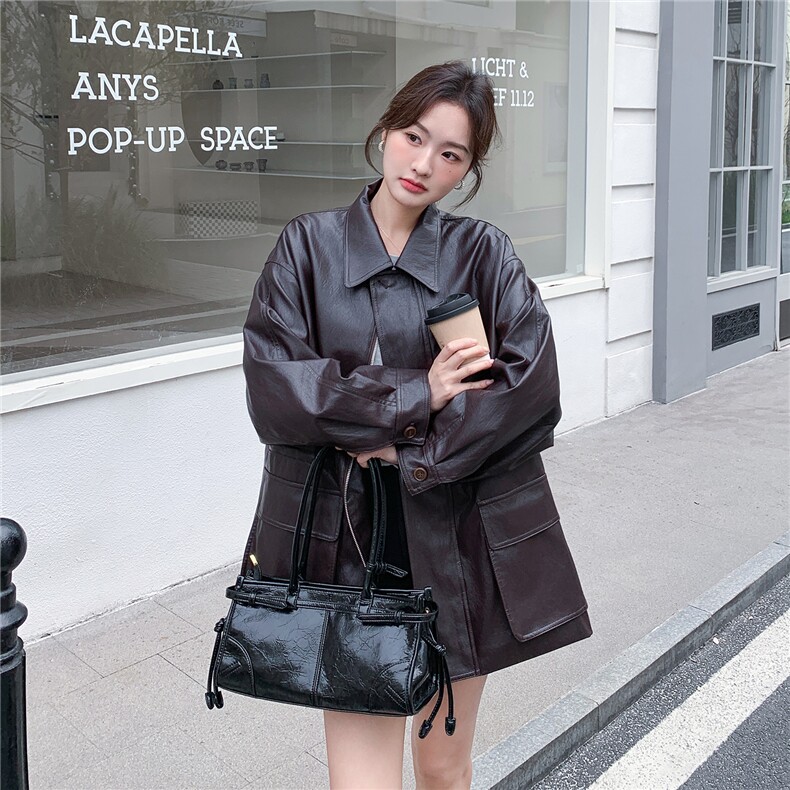 新款，咖色中长款皮衣外套W670P195K318,女装短外套,2C209